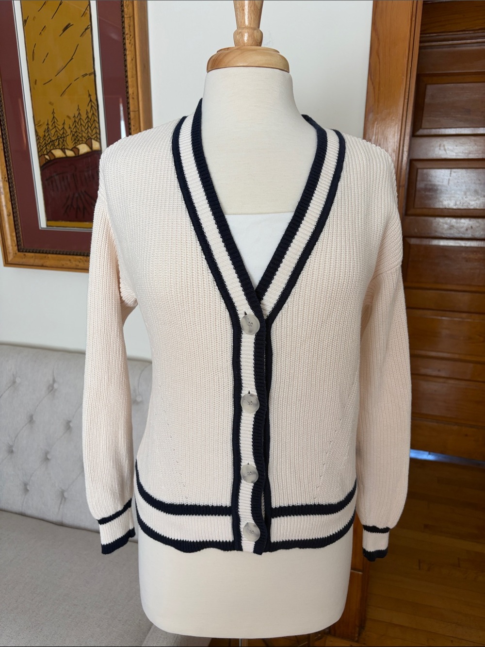 LOFT Cream Cardigan with Navy Contrast Trim